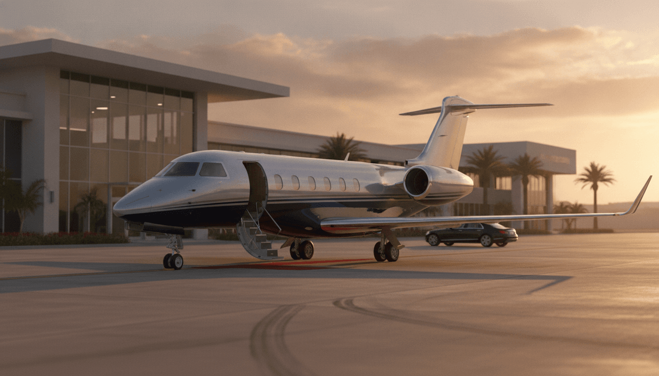 Private jet on the tarmac at sunset